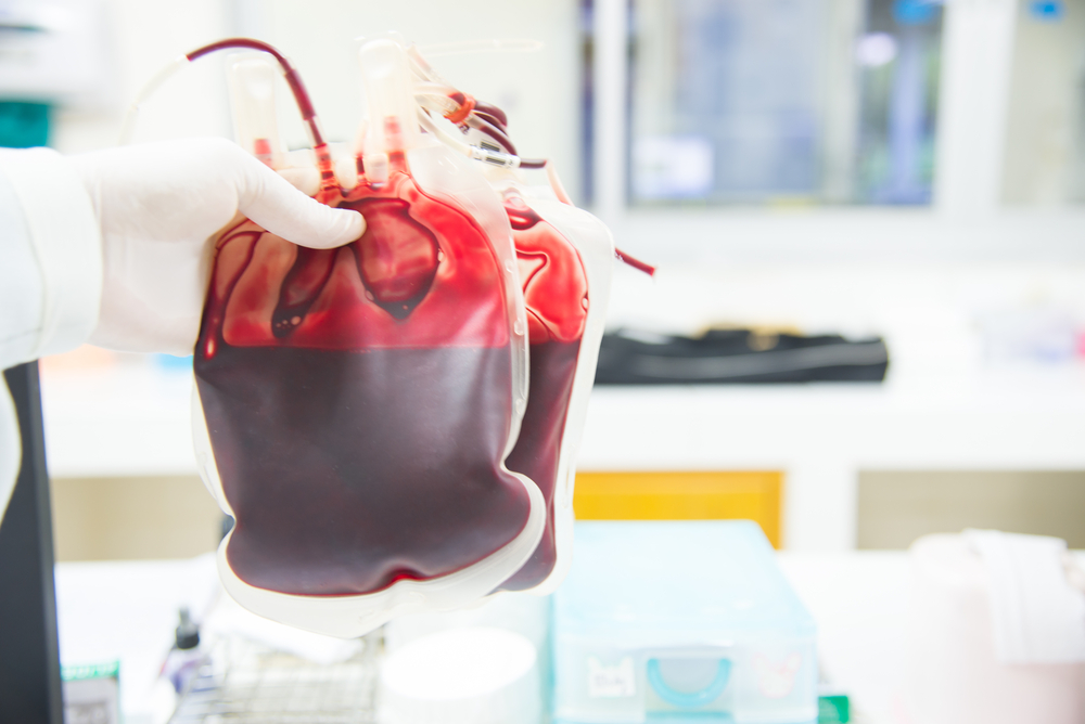 healthcare professional holds bags of blood.