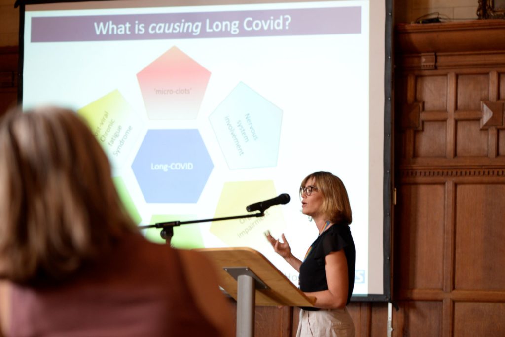Dr Emily Fraser, Oxford University Hospitals’ long COVID clinical lead, speaks to the audience at her talk.