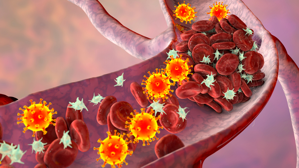 Decorative illustration showing blood clots and COVID-19