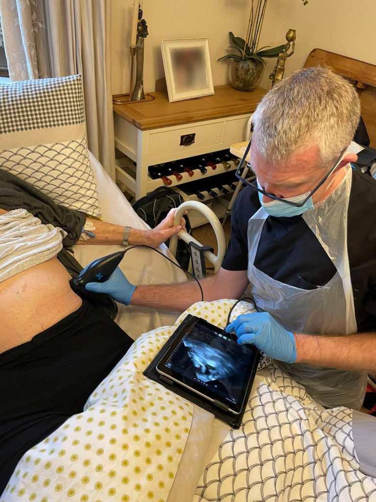 Health professional performing an echography at the patient's home