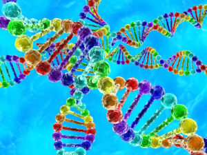 Rainbow,Dna,(deoxyribonucleic,Acid),With,Blue,Background