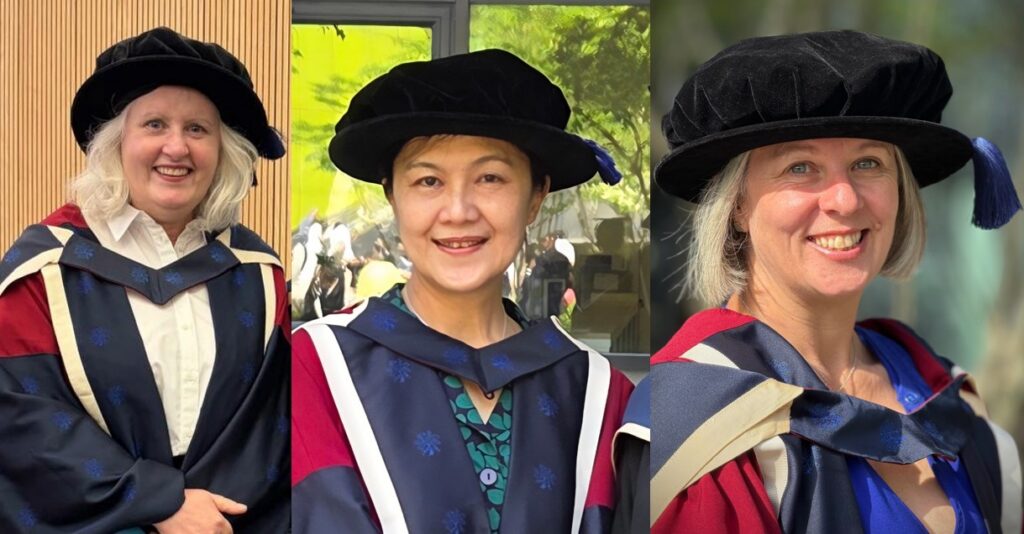 Composite picture of Carol, Lian and Diana in their graduation robes and hats